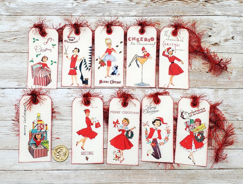 10-Christmas-Retro-50’s-Mid Century-Ladies-Journal-Linen Cardstock-Gift-Tags
