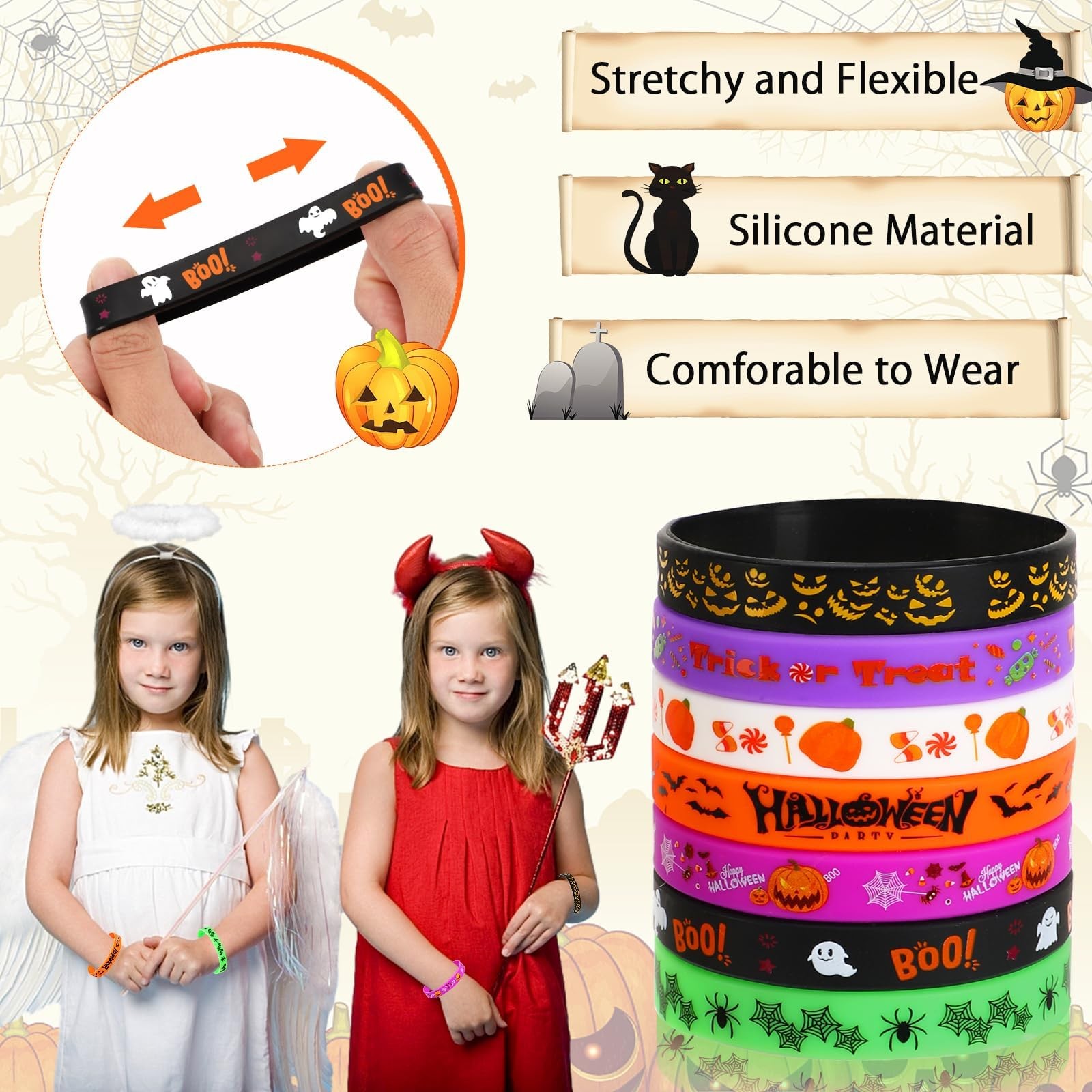 JUNEBRUSHS 42pcs Halloween Party Favors Silicone Bracelets Rubber Multicolor