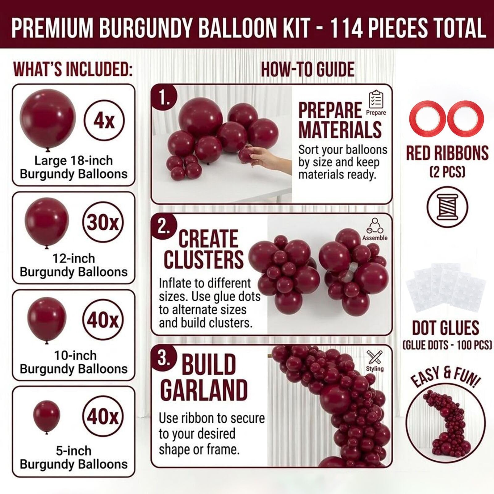 Burgundy Balloons, 114pcs Different Sizes Matte Maroon Balloon Arch Kit, 18/1…