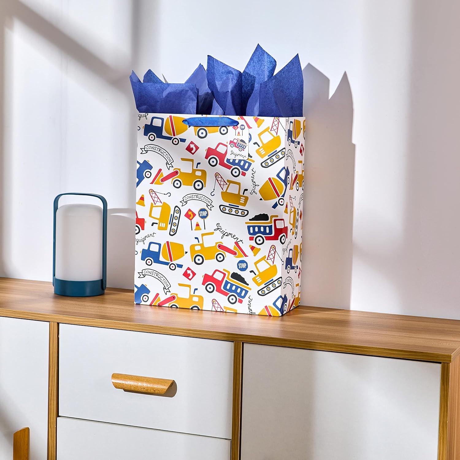 Construct Vehicle Pattern Bag with Blue Tissue Paper,