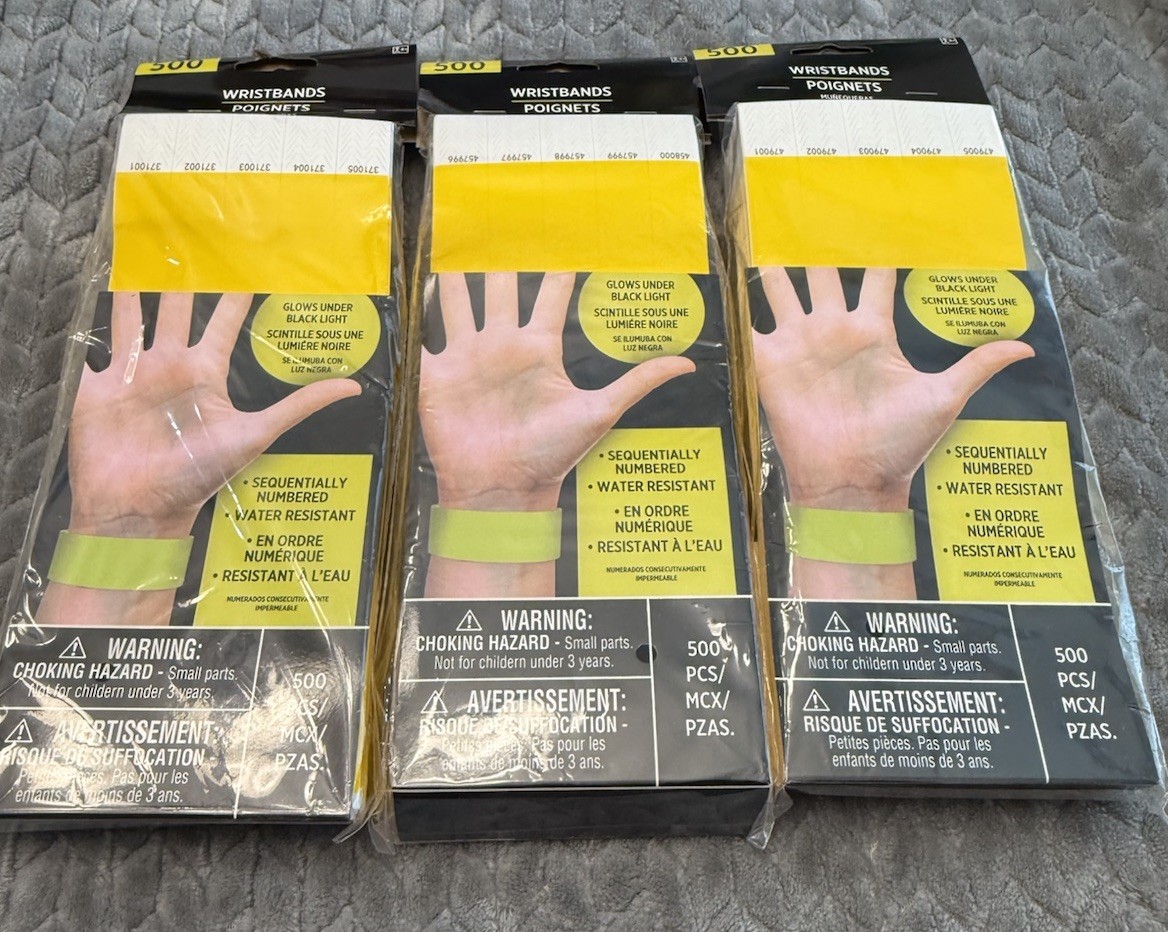 Solid Yellow Wristbands 1500 Pack Secure Sequentially Numbered Glow Black NEW