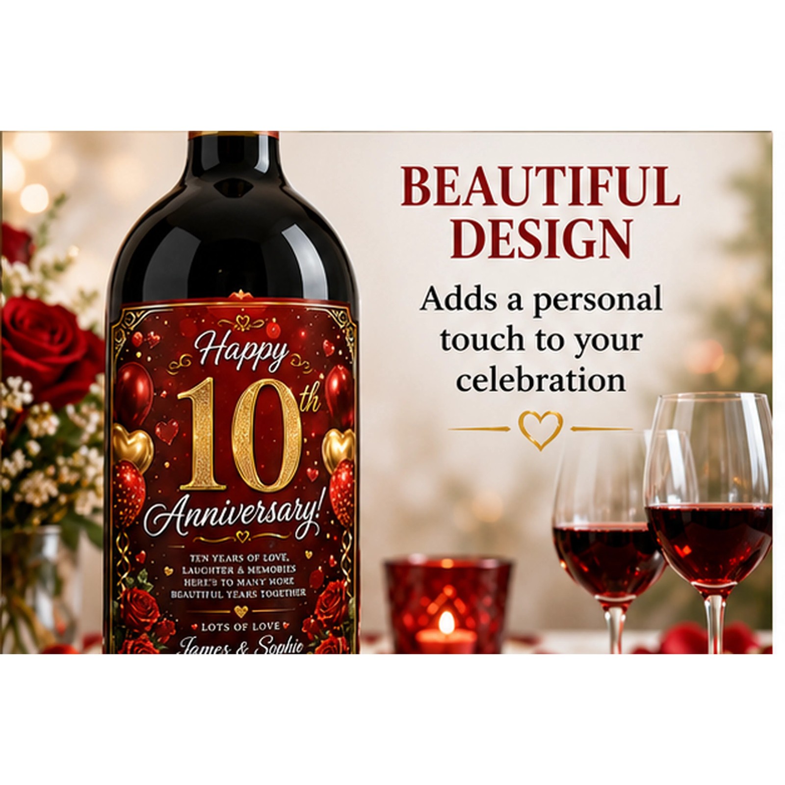 Personalised 10th Anniversary Bottle Label Sticker Wine Gift Red Rose