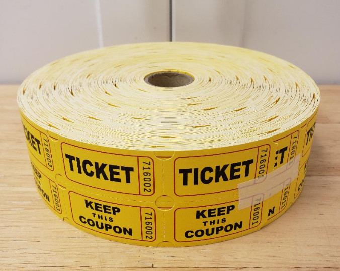 Roll of 2000 Yellow Double Stub Raffle Tickets Split the Pot 50/50