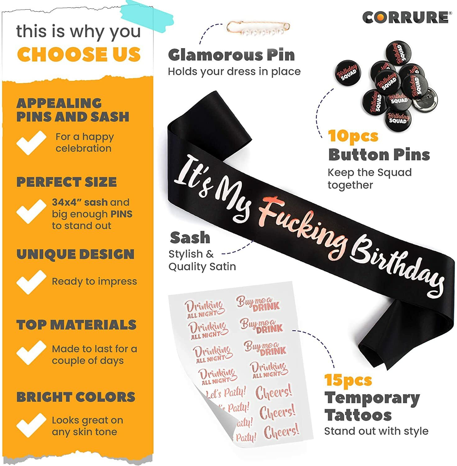 Set of 27 Birthday Sash, Buttons & Tattoos Kit – Rose Gold Birthday Girl Set