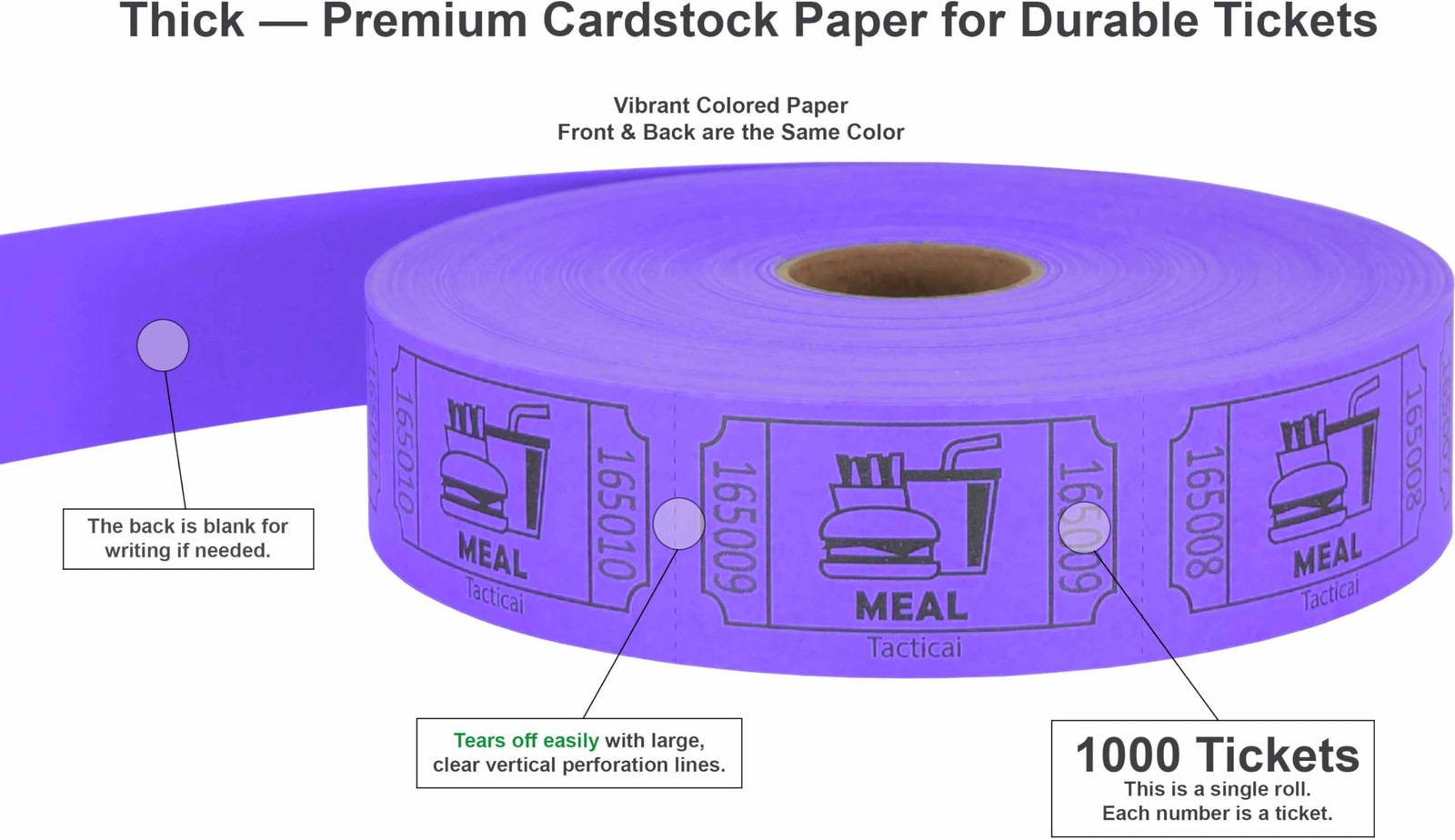 1000 Raffle Tickets, Meal, Purple (1 of 8 Colors), Single Roll, Ticket for Ev…