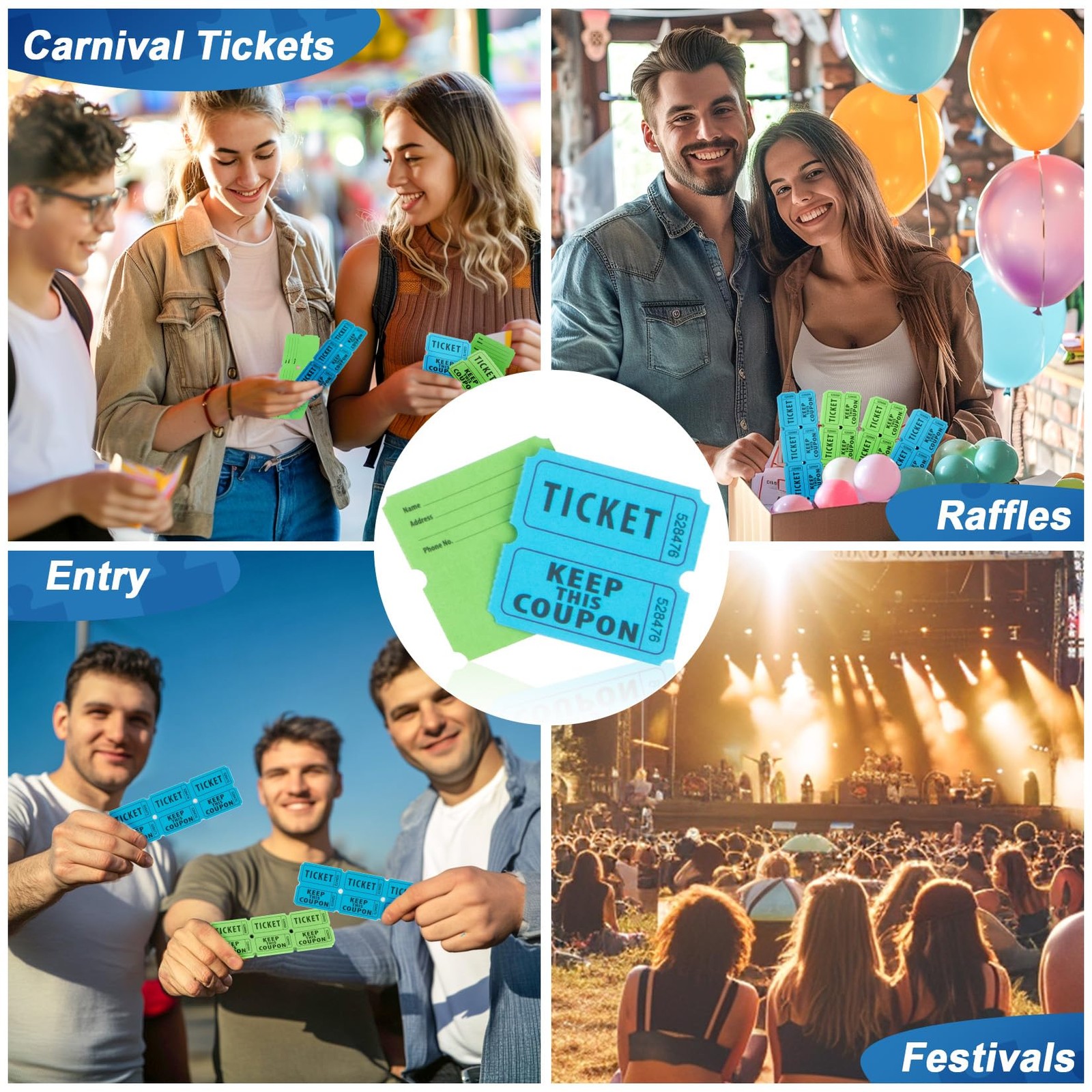 800 PCS Raffle Tickets Roll 50/50 Double Perforated Green Blue Consecutive