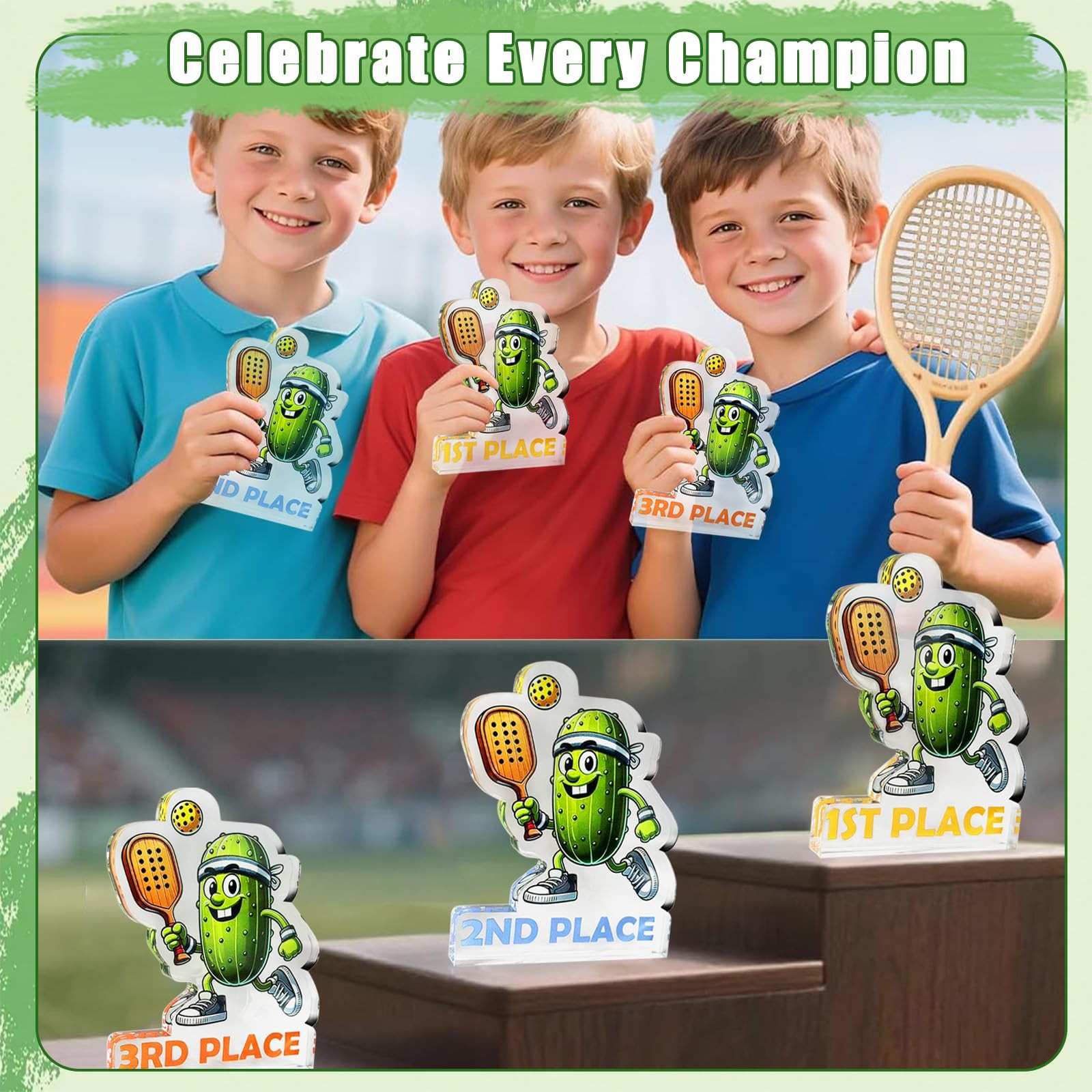 Upgraded 3PCS Pickleball Trophy Funny, 3.94 inches x 0.39″, Green