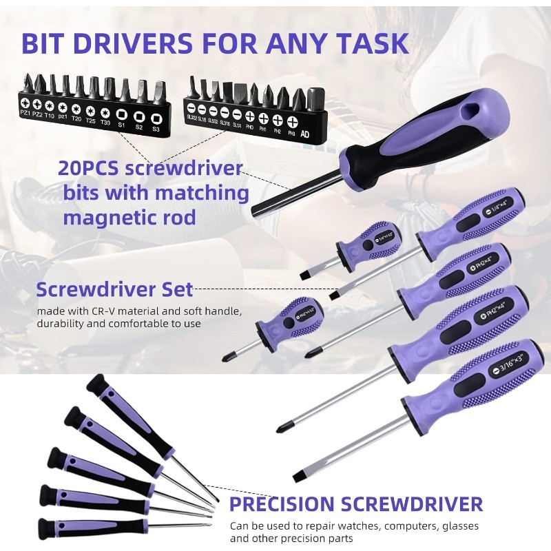 Purple Tool Set,223-Piece Tool Sets for Women,Tool Kit with 13-Inch Wide Mouth