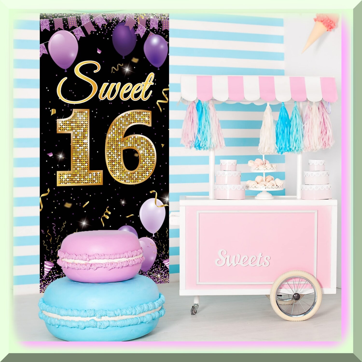 Purple Gold Sweet 16 Celebration Kit with Banner and Props
