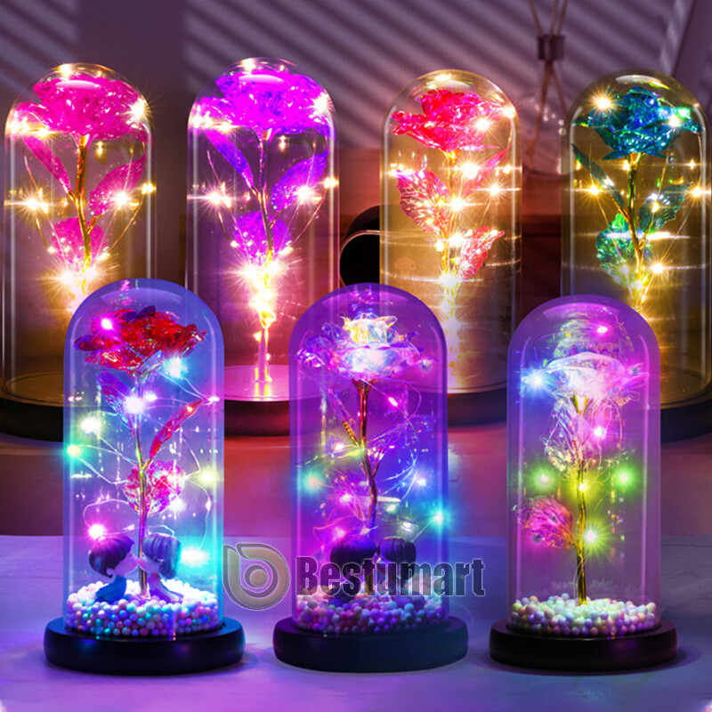 Crystal Eternal Galaxy Rose Flower LED Light Glass In Dome Gifts for Her Lovers
