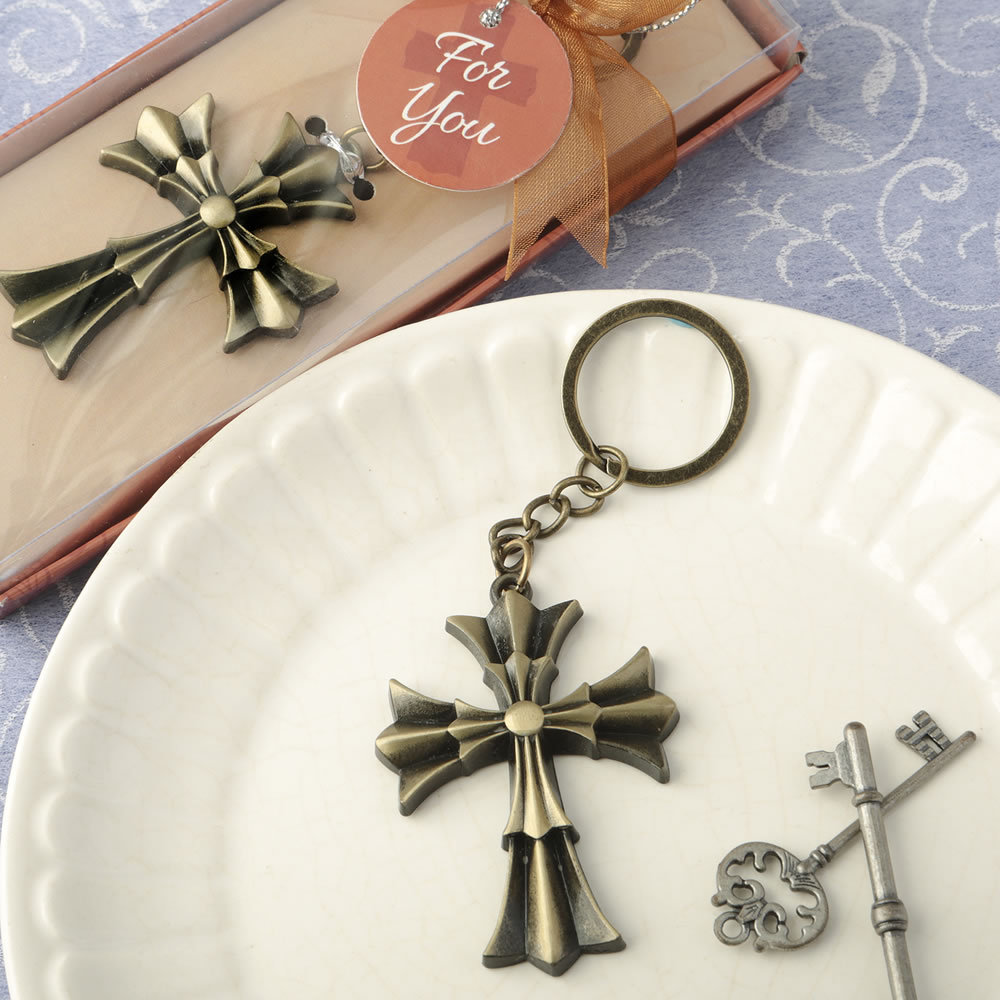 40 Baptism Favors Cross Keychains Bulk – Gold Christening Communion Gift Boxed