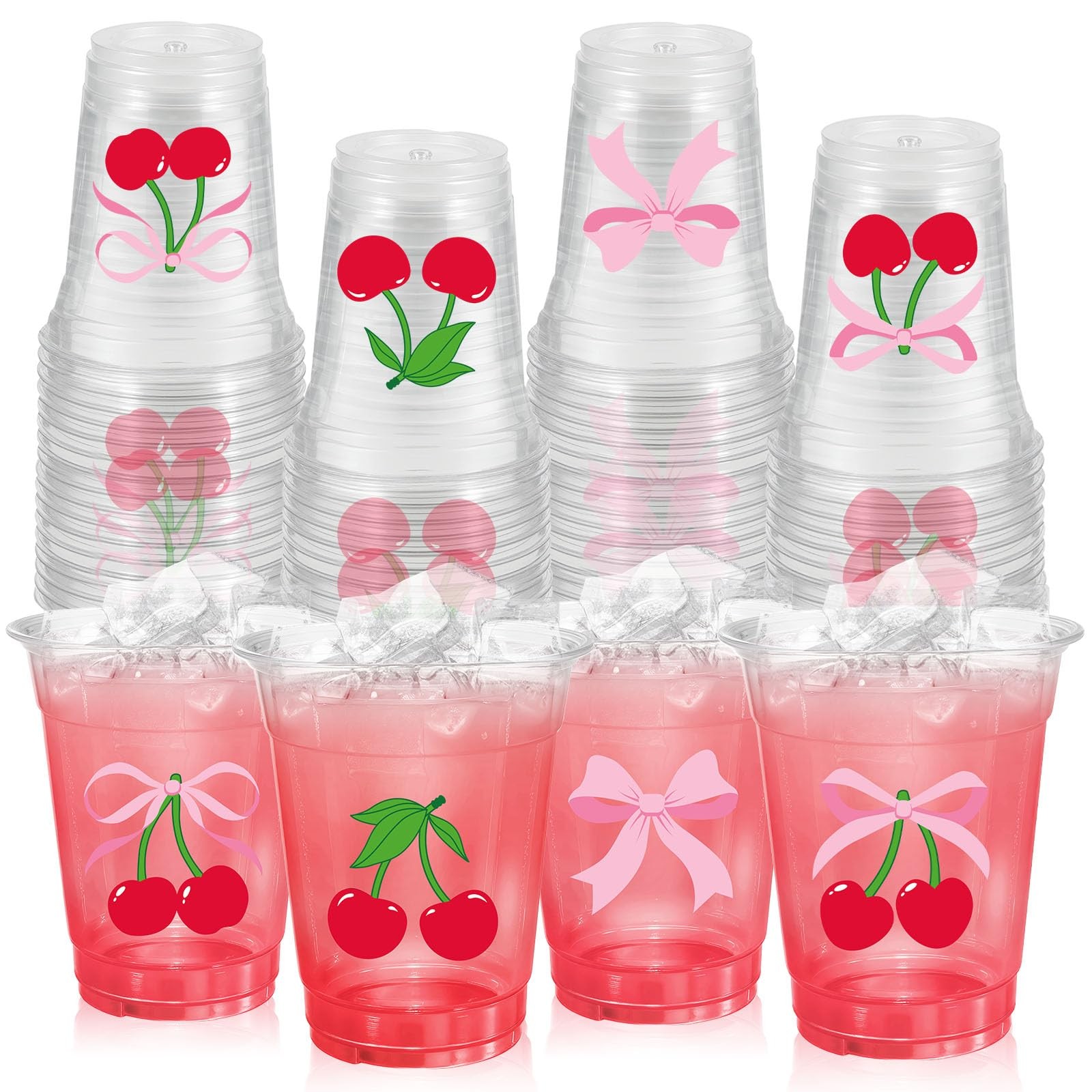 ABURRORI 50 Pcs 12OZ Cherry Bow Plastic Cups, Pink standard,