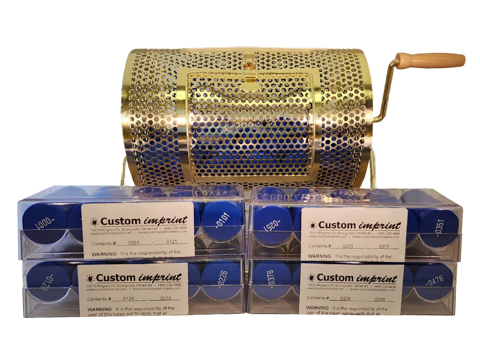 Raffle Drum Set Including Small Drum and Sequentially Numbered Plastic Tokens