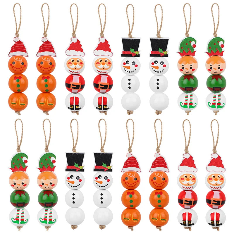 48/80Pc Wooden Beads Christmas Santa Claus Gingerbread Man Elf DIY Garland Decor