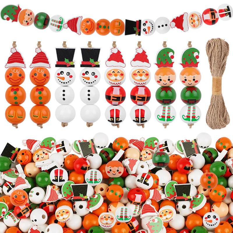 48/80Pc Wooden Beads Christmas Santa Claus Gingerbread Man Elf DIY Garland Decor