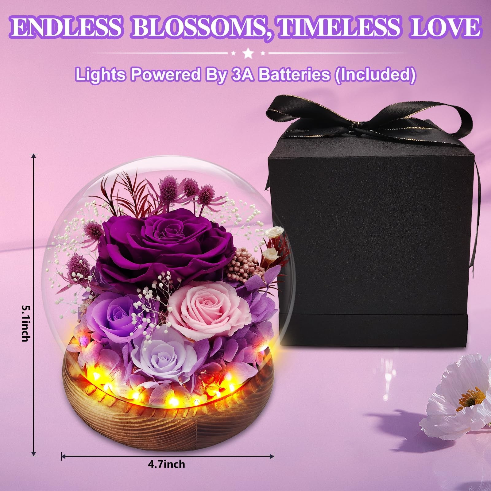 Preserved Rose Forever Flowers in Glass Dome Gifts for Women, Long-Lasting Re…
