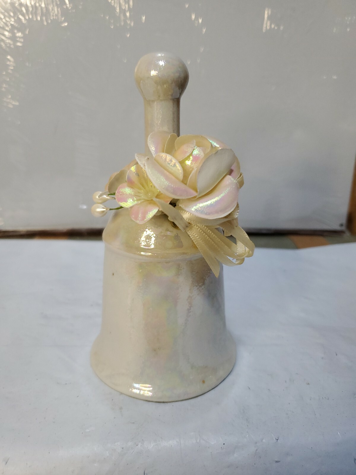 Vintage Wedding Opalescent White Porcelain Bell 2in Handle 5.5″ x 3in Floral