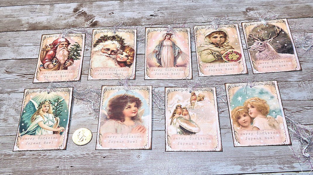 9-Christmas-Vintage-Shabby Chic-Handmade-Journal-Linen Cardstock-Gift-Hang-Tags