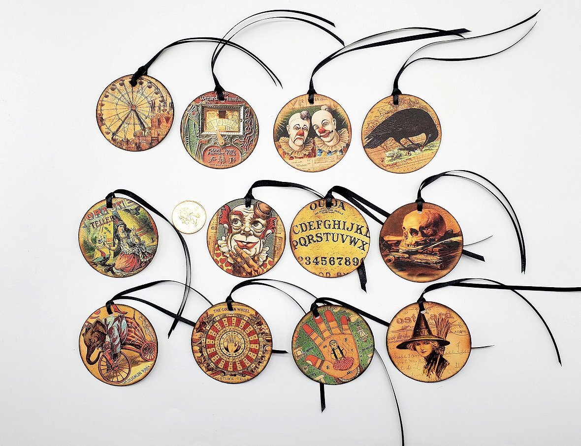 12-Halloween-Vintage-Fortune Teller-Circle-Parties-Linen Cardstock-Hang-Tags