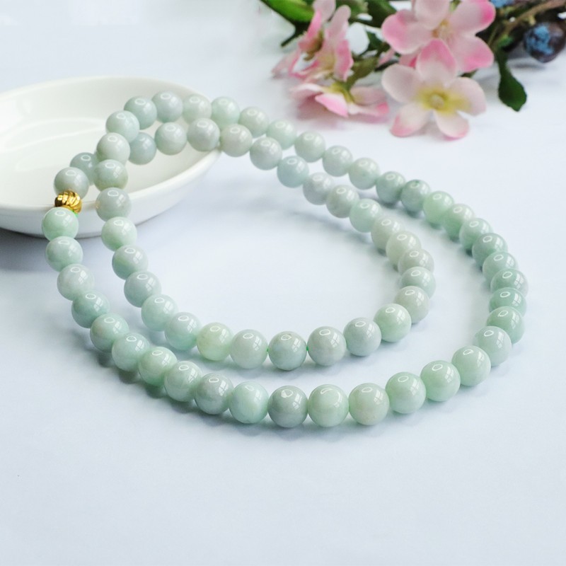 Natural Genuine Light Green A Jade Jadeite Round Beads Necklace 45cm