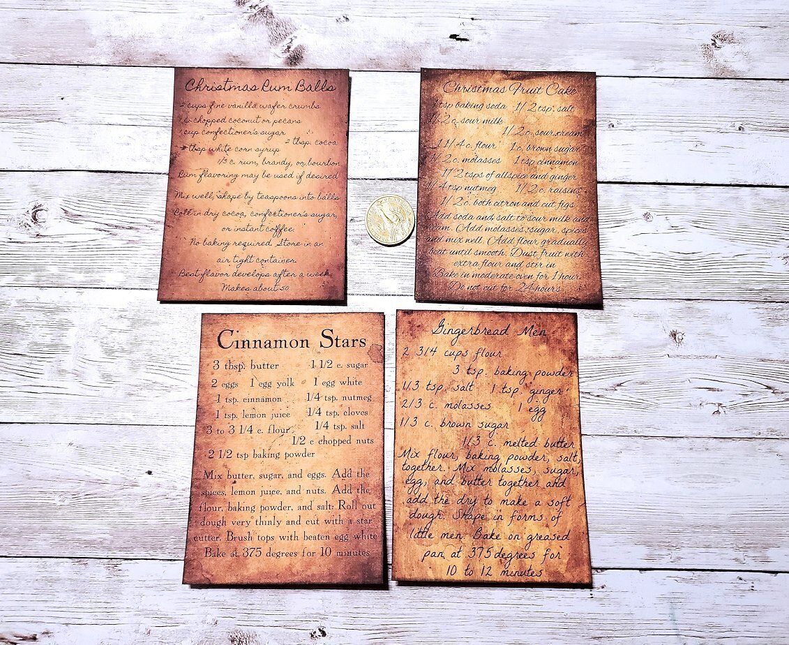 4 Pc~Christmas~Primitive~Fussy Cut~Recipe Cards~Linen Cardstock