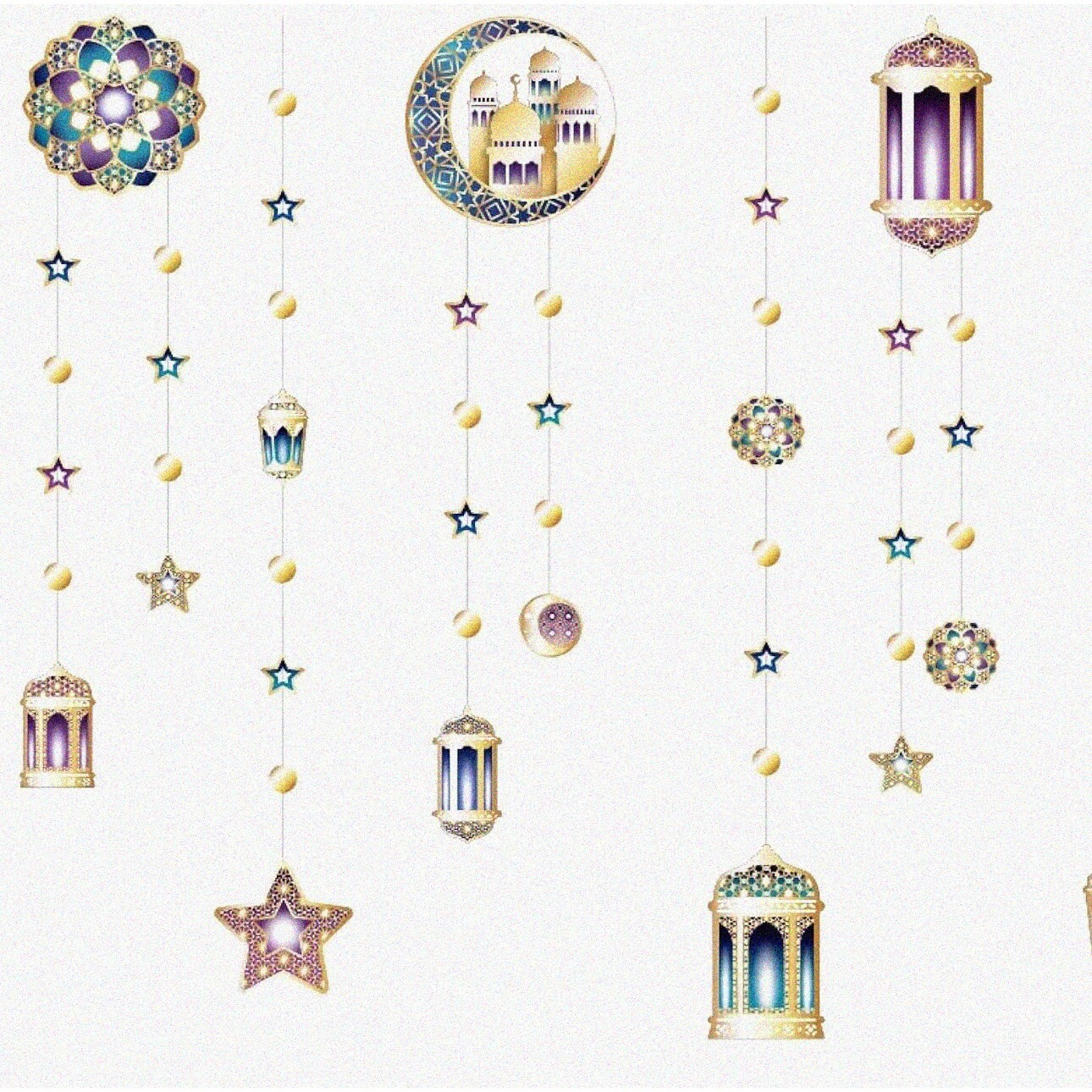 Ramadan Lantern and Garland Set with Moons Stars Flowers