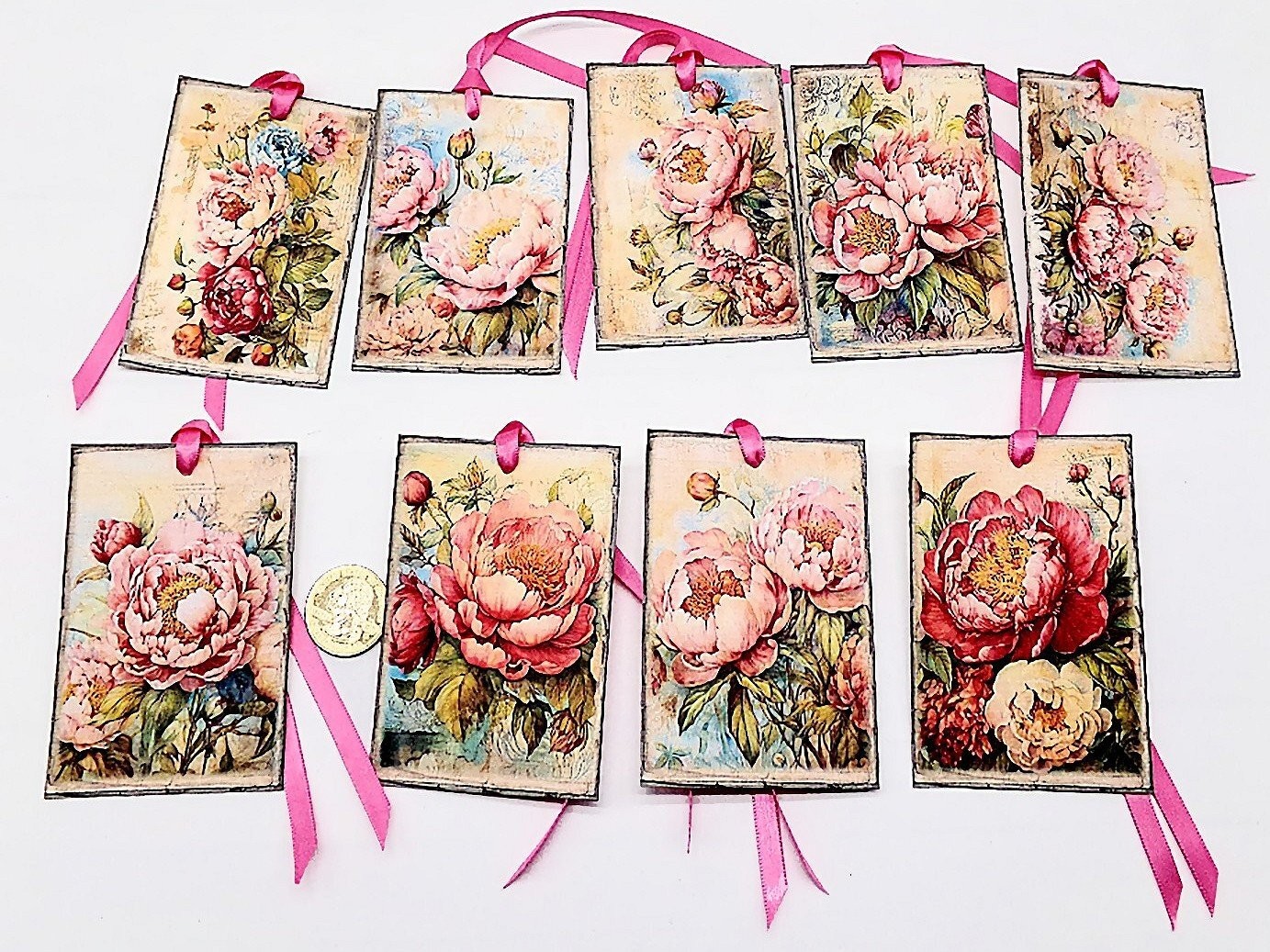 9-Vintage-Peonies-Flowers-Floral-Junk Journal-Linen Cardstock-Gift-Tags