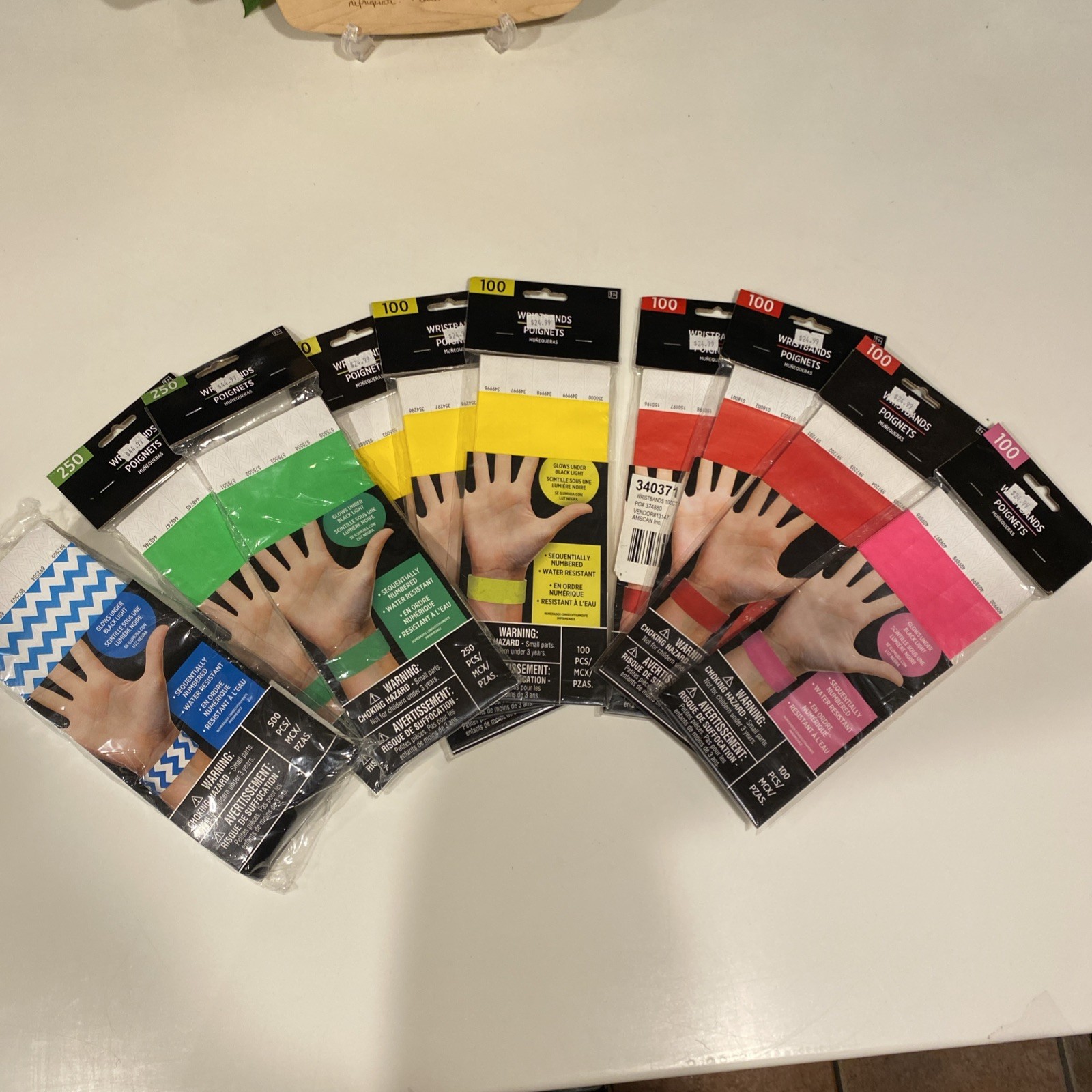 Amscan Tyvek Wristbands 2300 Count Assorted Colors Solid & Chevron Numbered New