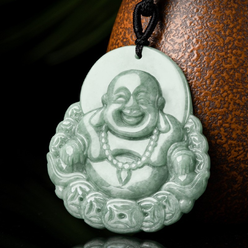 Natural Green Jadeite Laughing Buddha Pendant – Amulet Necklace for Good Fortune