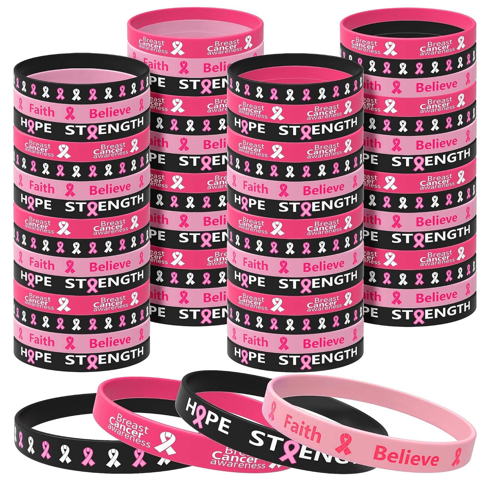 Wehhbtye 60 Pcs Breast Cancer Awareness Silicone Wristbands – 8 inches, Black