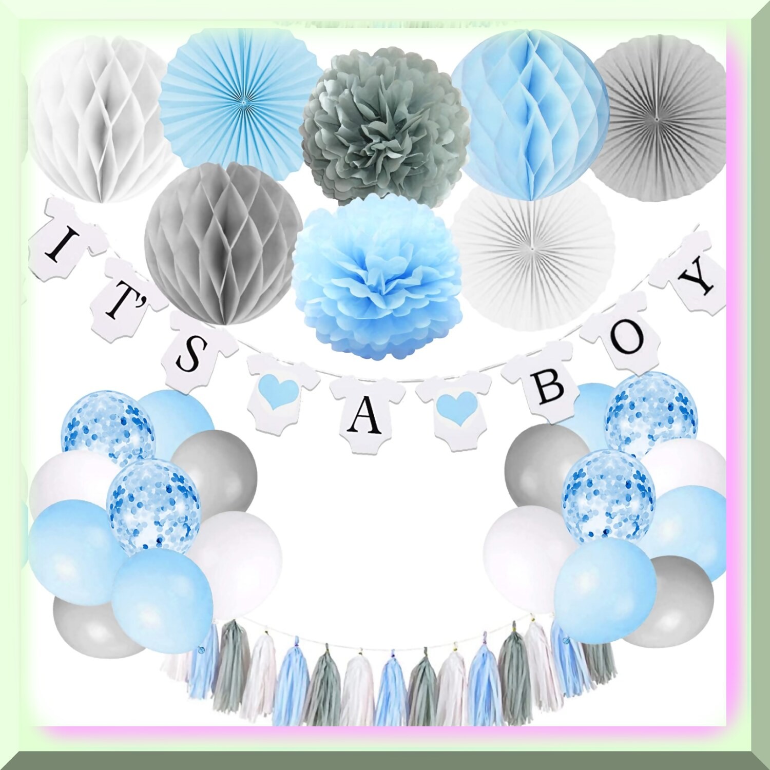 Baby Shower Decor Kit Blue Grey with Banner Fans and Balloons