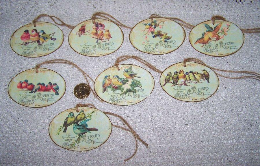 8~Vintage~Birds~Oval Shape~Fussy Cut~Linen Cardstock~Gift~Hang~Tags~Ornies