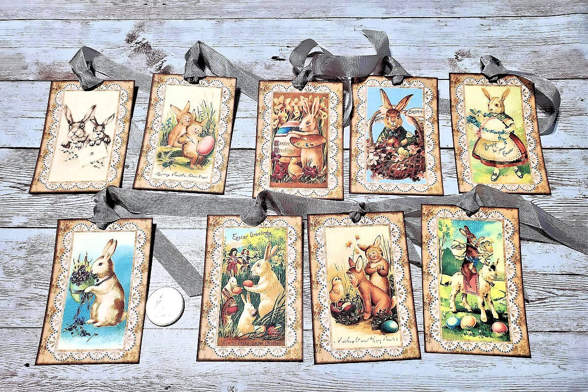 9~Easter~Vintage~Victorian~Bunnies~Linen Cardstock~Gift~Hang~Tags