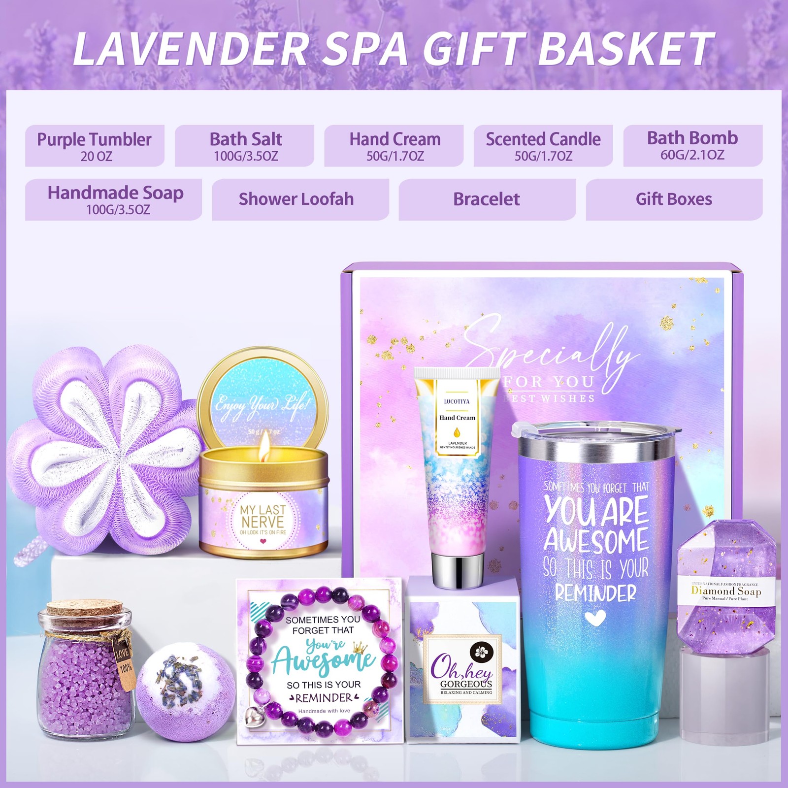 Gifts for Women, 9pcs Lavender Care Package Birthday Women Purple