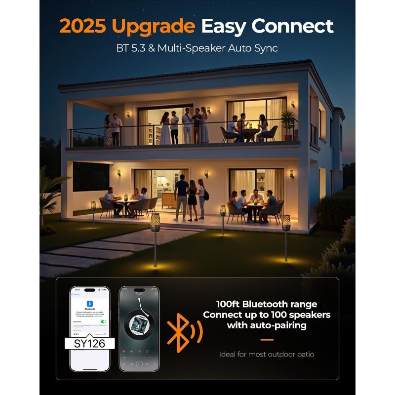 2 Pack Outdoor Speakers Bluetooth Waterproof IPX6 with Flame Lights Gadget Gifts