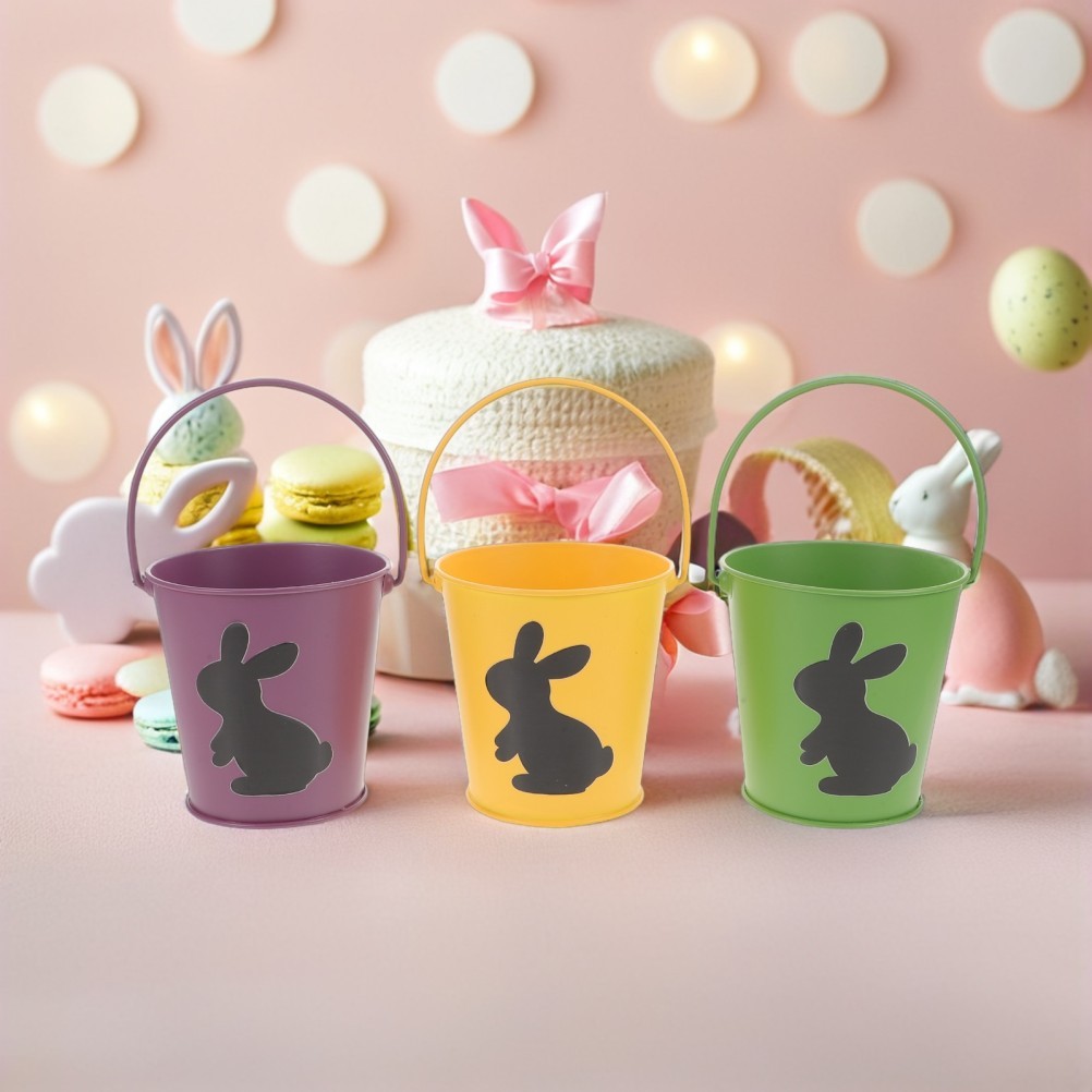 3Pcs Assorted Color Iron Easter Buckets Reusable Bunny Candy Holders