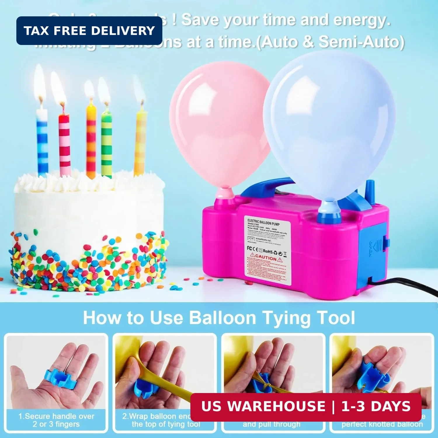 Electric Balloon Pump Portable Blower Dual Nozzle Inflator Birthday Party Red