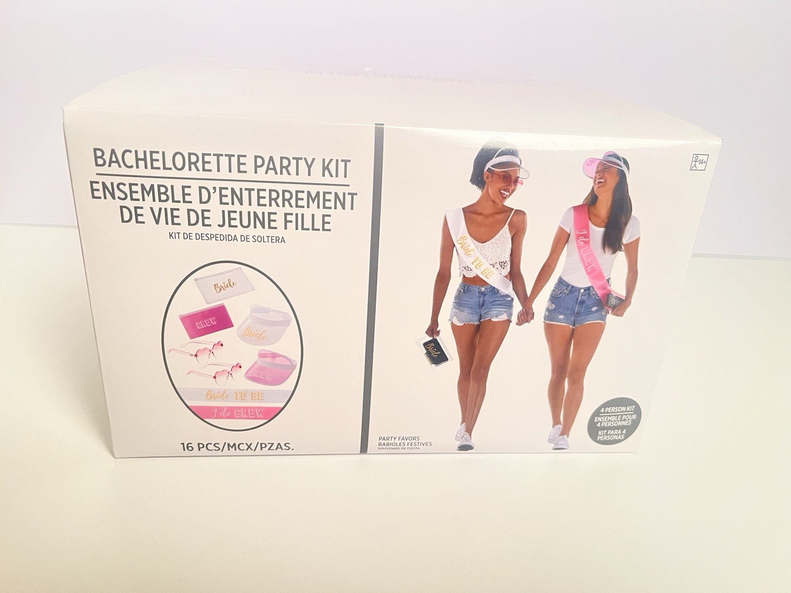 16 Pc Bachelorette Party 4 people Kit glasses sashes visors pouches white pink