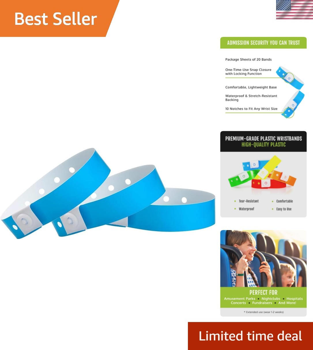 100 Neon Blue Plastic Wristbands for Events | Extended Wear, Security Snap Pr…