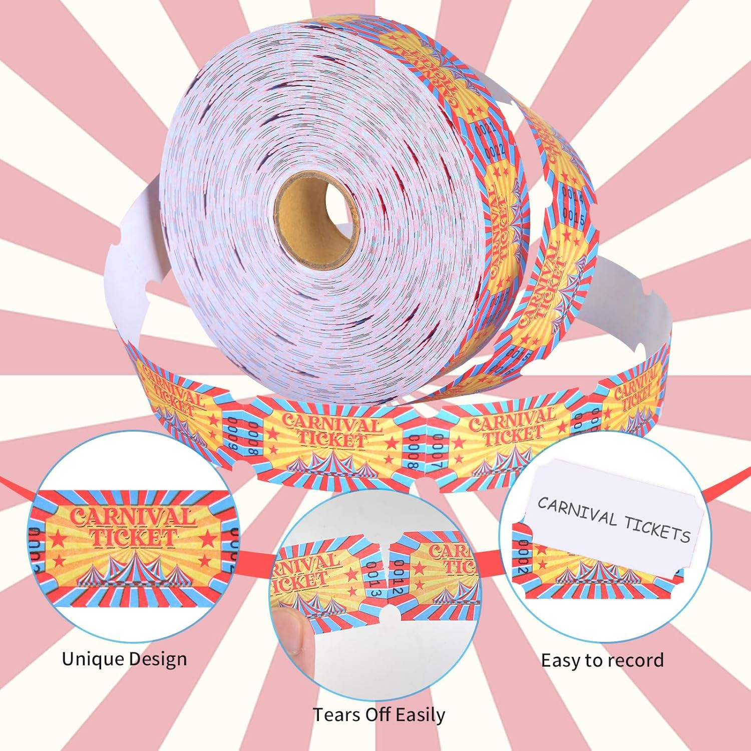 1000 Pcs Carnival Raffle Tickets, Single Roll Party Decorations