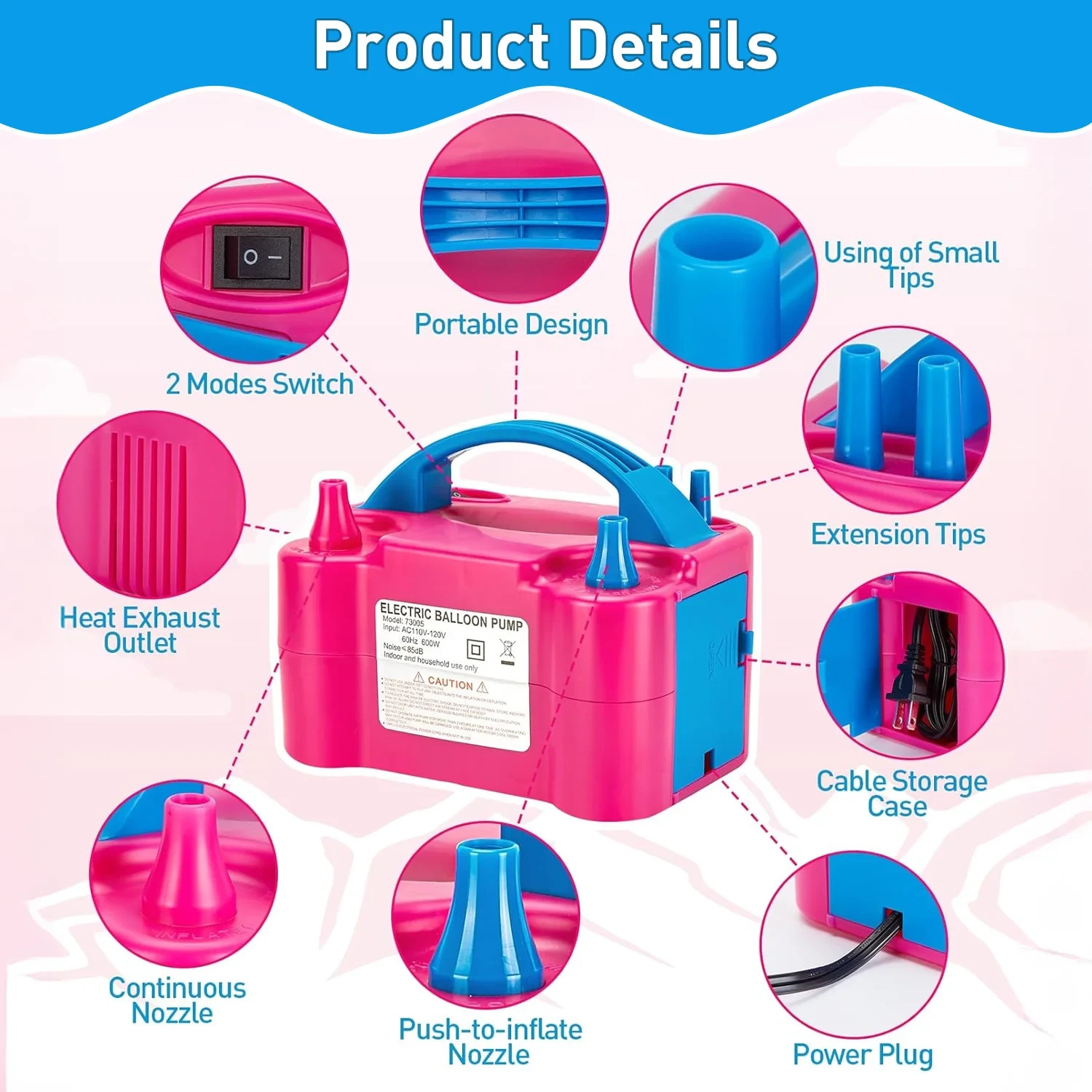 Electric Balloon Pump Dual Nozzle Portable Inflator Party Decoration Tool Pink