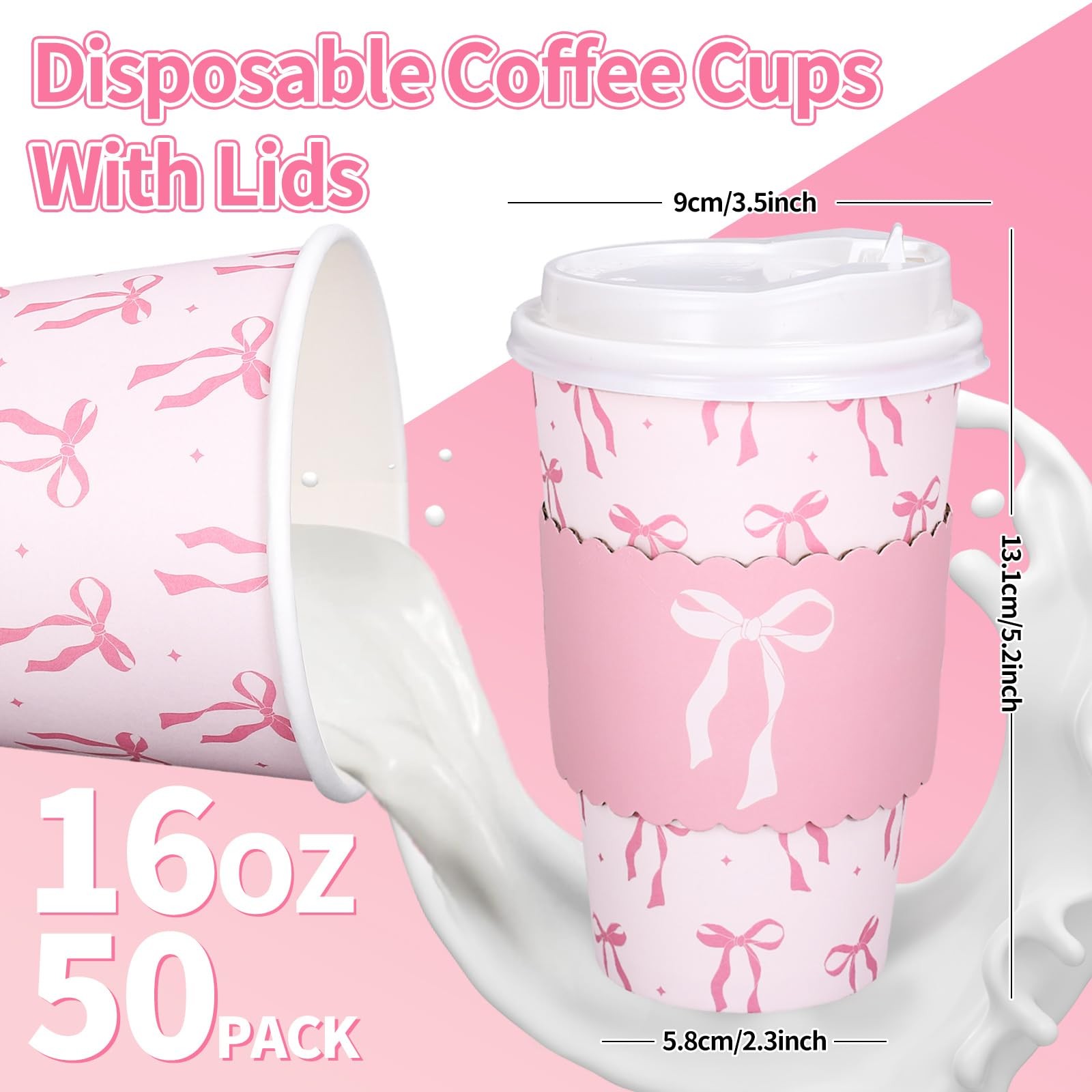 Mother’s Day 50 Set Pink Bow Disposable Coffee Cups with Lids and Sleeves Coquet