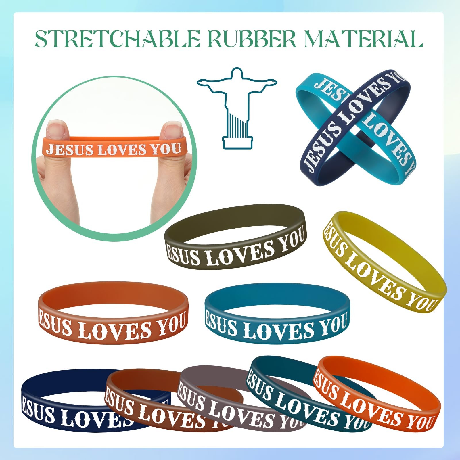 100 Pcs Jesus Loves You Bracelet Bulk Silicone Christian Bracelet Colorful Ru…