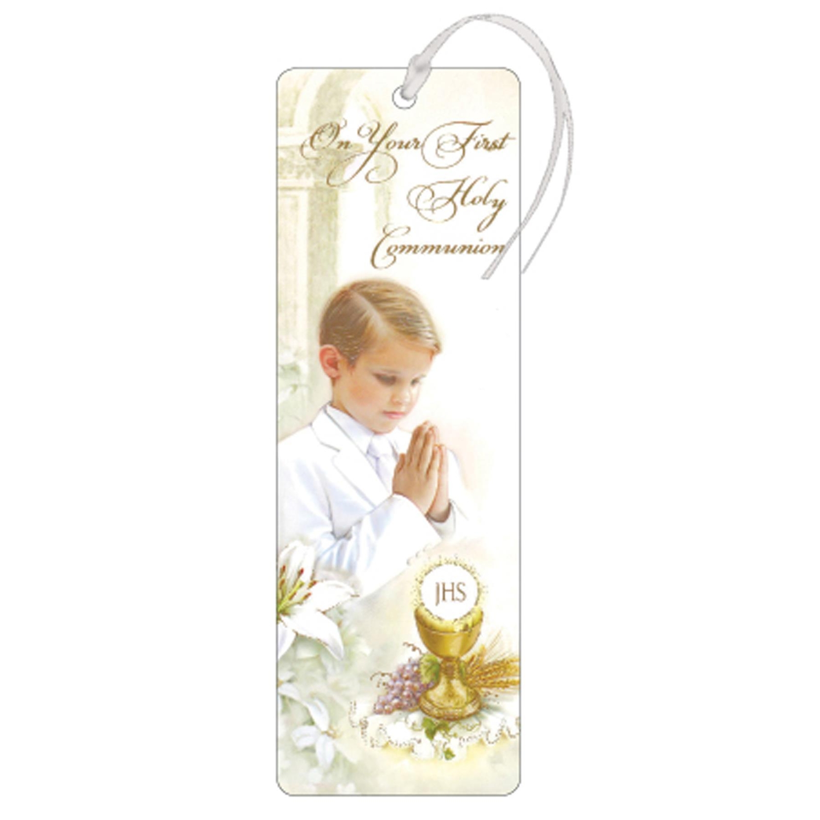 First Holy Communion Laminated Bookmark with White Ribbon – Boy C8036