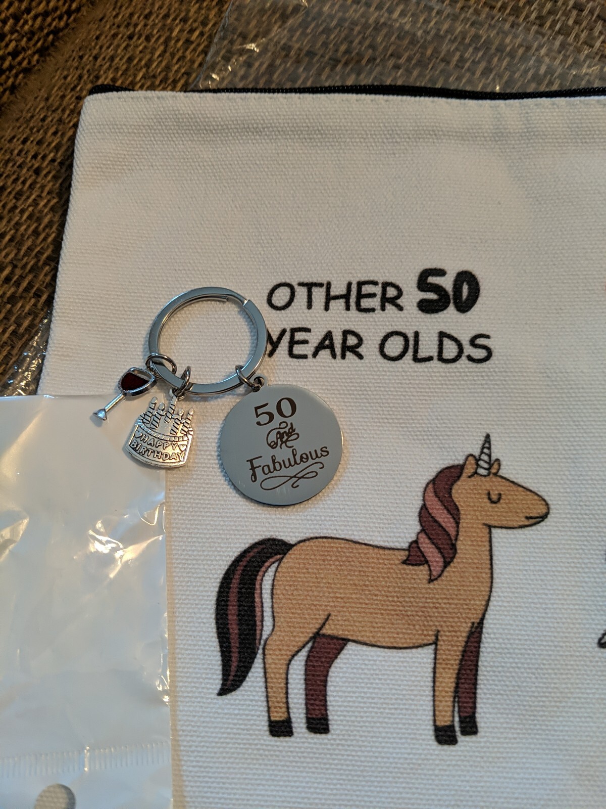 50th Birthday Makeup Bag & Key chain Set UNICORN (Rainbow) Fabulous gift