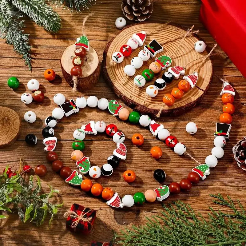48/80Pc Wooden Beads Christmas Santa Claus Gingerbread Man Elf DIY Garland Decor