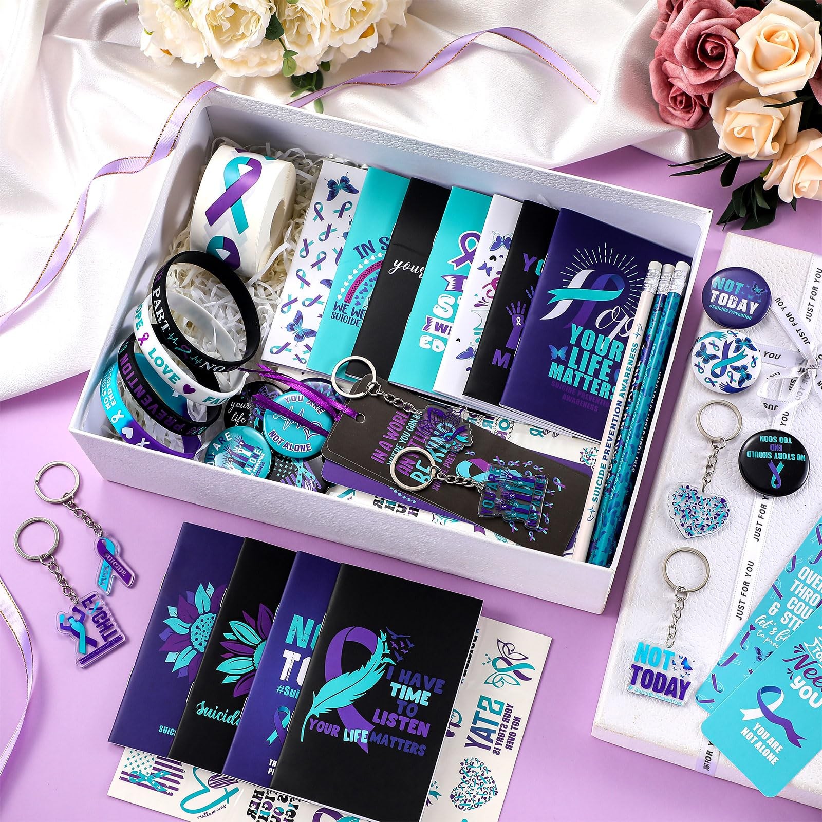 24 Sets Suicide Prevention Awareness Items Include Purple Teal Ribbon Silicon…