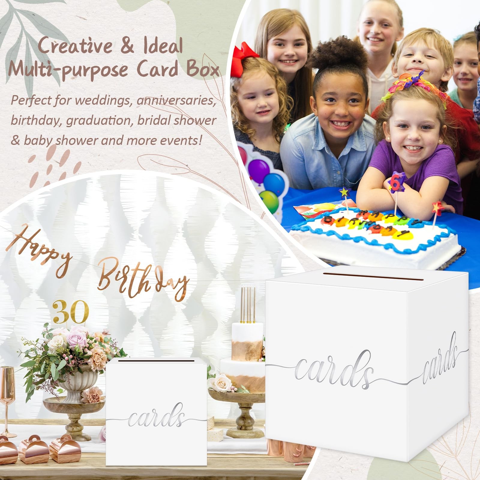 QIKSION White Wedding Card Box, Silver Foil Inches, and