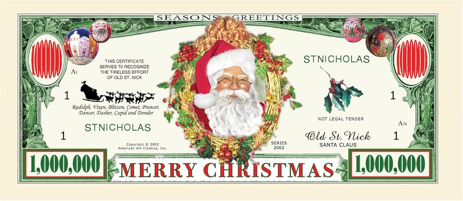 1000 TOTAL – Million Dollar Santa Claus Dollar Merry Christmas Holiday Bills