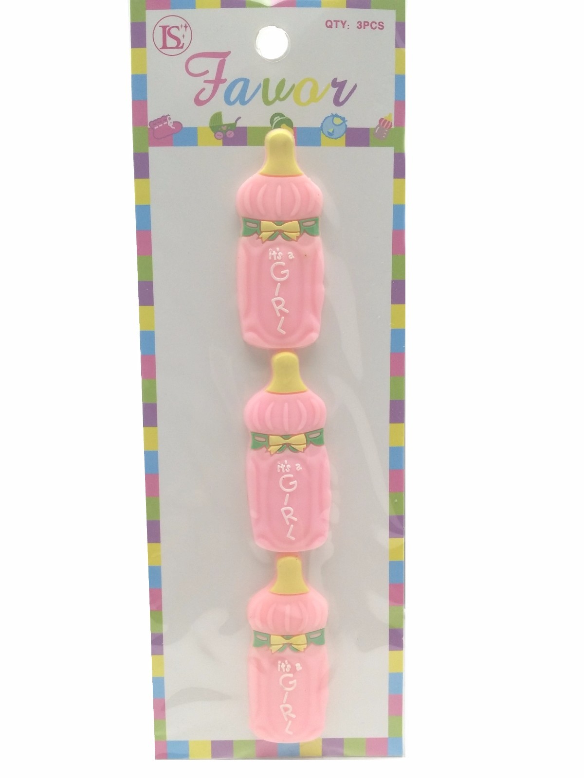 12 Flexible Pink Baby Bottle baby shower favors appliques – 4 pk of 3